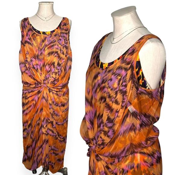 DIANE VON FURSTENBERG 100%Silk Midi Sheath Dress Sleeveless Animal Print Chic L - Picture 1 of 10